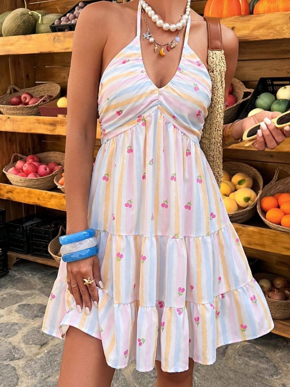 Multicolor Boho Women's Casual Sleeveless V-Neck A-Line Short Dress - Picture 4 of 5